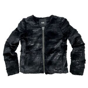 BDB David Bitton Womens Medium Black Faux Fur Sequin Jacket Full Zip Collarless